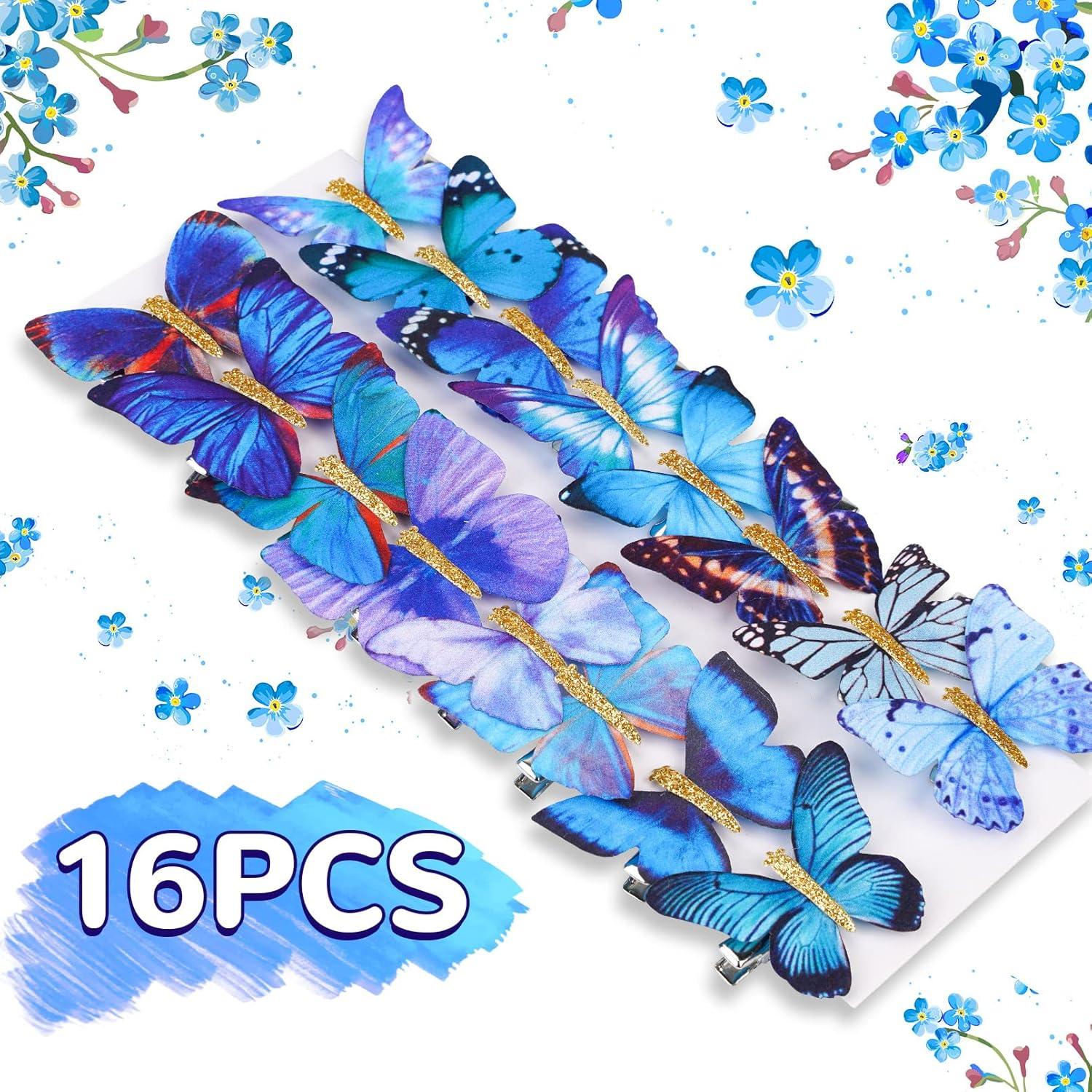 imageDEEKA Butterfly Hair Clips 16 PCS Small Realistic Colorful Handmade 90s Hair Clips Barrette Hair Accessories for Women and Girls YellowBluePurple