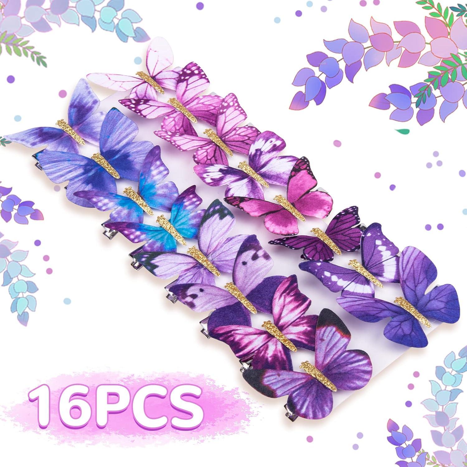 imageDEEKA Butterfly Hair Clips 16 PCS Small Realistic Colorful Handmade 90s Hair Clips Barrette Hair Accessories for Women and Girls YellowPurple