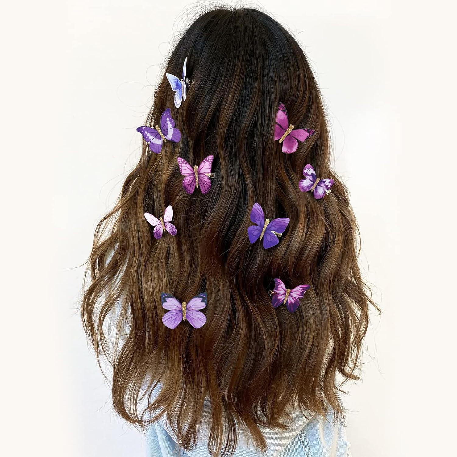 imageDEEKA Butterfly Hair Clips 16 PCS Small Realistic Colorful Handmade 90s Hair Clips Barrette Hair Accessories for Women and Girls YellowPurple
