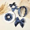 imageDEEKA 5 Styles Uniform Plaid Long Tail Hair Bows Knotted Headband Scrunchies Bow Set Alligator Clips Back to School Accessories for Toddler Little School Girls BlueampampWhite 5 StylesNavy Blue