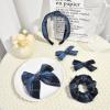 imageDEEKA 5 Styles Uniform Plaid Long Tail Hair Bows Knotted Headband Scrunchies Bow Set Alligator Clips Back to School Accessories for Toddler Little School Girls BlueampampWhite 5 StylesNavy Blue