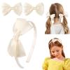 imageDEEKA Beige Bow Headband ampamp 2 Pcs Satin 4 Inch Hair Bows Set Uniform Hair Accessories Hair Band for Little Toddler School Girls BeigeBeige