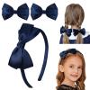 imageDEEKA Beige Bow Headband ampamp 2 Pcs Satin 4 Inch Hair Bows Set Uniform Hair Accessories Hair Band for Little Toddler School Girls BeigeNavy Blue