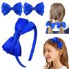 imageDEEKA Beige Bow Headband ampamp 2 Pcs Satin 4 Inch Hair Bows Set Uniform Hair Accessories Hair Band for Little Toddler School Girls BeigeRoyal Blue