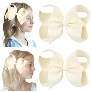 imageDEEKA 2 PCS 6quot Big Handmade Grosgrain Ribbon Solid Color Hair Bows Alligator Clips Hair Accessories for Little Teen Toddler Girls Kids Set of 2 RedIvory