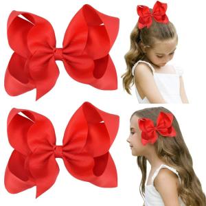 imageDEEKA 2 PCS 6quot Big Handmade Grosgrain Ribbon Solid Color Hair Bows Alligator Clips Hair Accessories for Little Teen Toddler Girls Kids Set of 2 RedRed