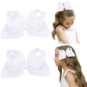 imageDEEKA 2 PCS 6quot Big Handmade Grosgrain Ribbon Solid Color Hair Bows Alligator Clips Hair Accessories for Little Teen Toddler Girls Kids Set of 2 RedWhite