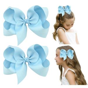 imageDEEKA 2 PCS 6quot Big Handmade Grosgrain Ribbon Solid Color Hair Bows Alligator Clips Hair Accessories for Little Teen Toddler Girls Kids Set of 2 RedLight Blue