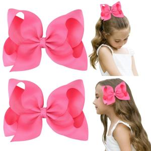 imageDEEKA 2 PCS 6quot Big Handmade Grosgrain Ribbon Solid Color Hair Bows Alligator Clips Hair Accessories for Little Teen Toddler Girls Kids Set of 2 RedHot Pink
