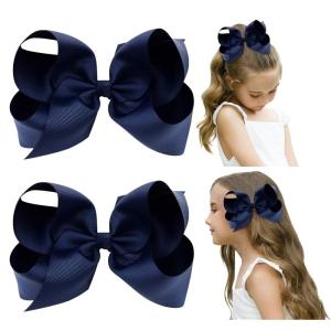 imageDEEKA 2 PCS 6quot Big Handmade Grosgrain Ribbon Solid Color Hair Bows Alligator Clips Hair Accessories for Little Teen Toddler Girls Kids Set of 2 RedNavy Blue