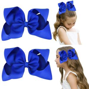 imageDEEKA 2 PCS 6quot Big Handmade Grosgrain Ribbon Solid Color Hair Bows Alligator Clips Hair Accessories for Little Teen Toddler Girls Kids Set of 2 RedRoyal Blue