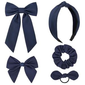 imageDEEKA 5 Styles Uniform Plaid Long Tail Hair Bows Knotted Headband Scrunchies Bow Set Alligator Clips Back to School Accessories for Toddler Little School Girls BlueampampWhite 5 StylesNavy 5 Styles