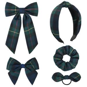 imageDEEKA 5 Styles Uniform Plaid Long Tail Hair Bows Knotted Headband Scrunchies Bow Set Alligator Clips Back to School Accessories for Toddler Little School Girls BlueampampWhite 5 StylesDark Green  Navy  RedYellow 5 Styles