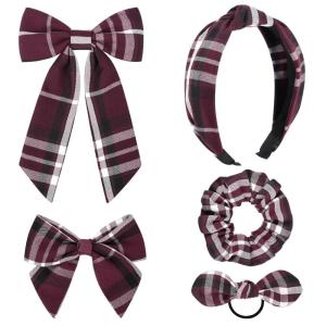 imageDEEKA 5 Styles Uniform Plaid Long Tail Hair Bows Knotted Headband Scrunchies Bow Set Alligator Clips Back to School Accessories for Toddler Little School Girls BlueampampWhite 5 StylesBurgundy 5 Styles