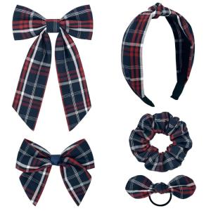 imageDEEKA 5 Styles Uniform Plaid Long Tail Hair Bows Knotted Headband Scrunchies Bow Set Alligator Clips Back to School Accessories for Toddler Little School Girls BlueampampWhite 5 StylesDark NavyRed 5 Styles