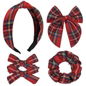 imageDEEKA 5 Styles Uniform Plaid Long Tail Hair Bows Knotted Headband Scrunchies Bow Set Alligator Clips Back to School Accessories for Toddler Little School Girls BlueampampWhite 5 StylesChristmas