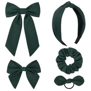 imageDEEKA 5 Styles Uniform Plaid Long Tail Hair Bows Knotted Headband Scrunchies Bow Set Alligator Clips Back to School Accessories for Toddler Little School Girls BlueampampWhite 5 StylesHunter Green 5 Styles