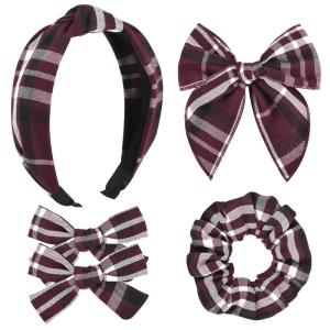 imageDEEKA 5 Styles Uniform Plaid Long Tail Hair Bows Knotted Headband Scrunchies Bow Set Alligator Clips Back to School Accessories for Toddler Little School Girls BlueampampWhite 5 StylesBurgundy