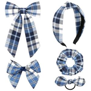 imageDEEKA 5 Styles Uniform Plaid Long Tail Hair Bows Knotted Headband Scrunchies Bow Set Alligator Clips Back to School Accessories for Toddler Little School Girls BlueampampWhite 5 StylesBlueWhite 5 Styles