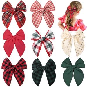 imageDEEKA 8 PCS Large Christmas Fable Hair Bows Cotton Linen Red and Black Plaid Hair Bow for Toddlers Girls Handmade Christmas Hair Accessories for Little Girls KidsChristmas Themed Colors