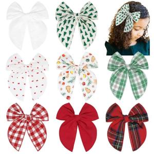 imageDEEKA 8 PCS Large Christmas Fable Hair Bows Cotton Linen Red and Black Plaid Hair Bow for Toddlers Girls Handmade Christmas Hair Accessories for Little Girls KidsChristmas Themed Color B
