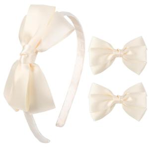 imageDEEKA Beige Bow Headband ampamp 2 Pcs Satin 4 Inch Hair Bows Set Uniform Hair Accessories Hair Band for Little Toddler School Girls BeigeBeige