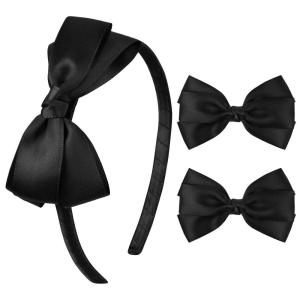 imageDEEKA Beige Bow Headband ampamp 2 Pcs Satin 4 Inch Hair Bows Set Uniform Hair Accessories Hair Band for Little Toddler School Girls BeigeBlack