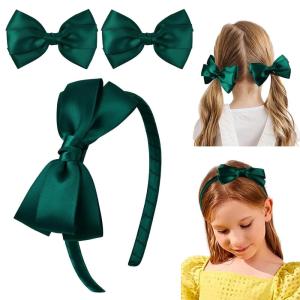 imageDEEKA Beige Bow Headband ampamp 2 Pcs Satin 4 Inch Hair Bows Set Uniform Hair Accessories Hair Band for Little Toddler School Girls BeigeDark Green