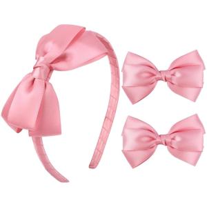 imageDEEKA Beige Bow Headband ampamp 2 Pcs Satin 4 Inch Hair Bows Set Uniform Hair Accessories Hair Band for Little Toddler School Girls BeigeDusty Pink