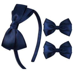 imageDEEKA Beige Bow Headband ampamp 2 Pcs Satin 4 Inch Hair Bows Set Uniform Hair Accessories Hair Band for Little Toddler School Girls BeigeNavy Blue