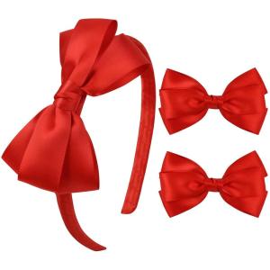 imageDEEKA Beige Bow Headband ampamp 2 Pcs Satin 4 Inch Hair Bows Set Uniform Hair Accessories Hair Band for Little Toddler School Girls BeigeRed