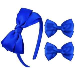 imageDEEKA Beige Bow Headband ampamp 2 Pcs Satin 4 Inch Hair Bows Set Uniform Hair Accessories Hair Band for Little Toddler School Girls BeigeRoyal Blue
