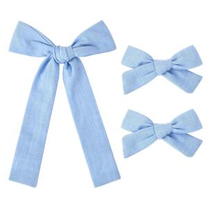 imageDEEKA Blue Cotton Linen Hair Bows 2 Sizes 5quotampamp35quot Soft Hair Bow set for Toddler Girls Long Ponytail Knot Bows Alligator Clip Hair Accessories for Little School Girls BlueBlue
