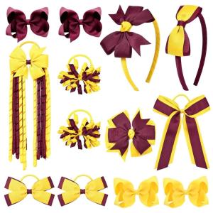 imageDEEKA Burgundy School Hair Accessories Set 13 Pcs Uniform Hair Bow Headband Clips Hair Ties Curly Korker Bows for Little Toddler School Girls BurgundyBurgundyYellow