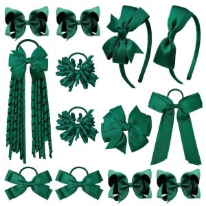 imageDEEKA Burgundy School Hair Accessories Set 13 Pcs Uniform Hair Bow Headband Clips Hair Ties Curly Korker Bows for Little Toddler School Girls BurgundyDark Green