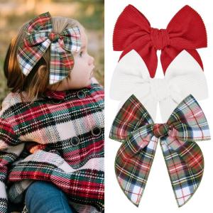 imageDEEKA Large Christmas Fable Hair Bows 3 PCS Red and Green Velvet Bows Plaid Checkered Hair Bow Clips for Toddler Girls Fabric Christmas Hair Accessories for Little Girls KidsCorduroy Red  WhitePlaid