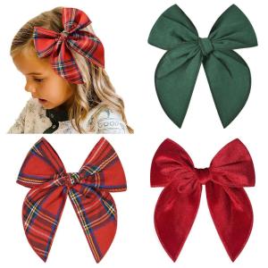imageDEEKA Large Christmas Fable Hair Bows 3 PCS Red and Green Velvet Bows Plaid Checkered Hair Bow Clips for Toddler Girls Fabric Christmas Hair Accessories for Little Girls KidsGreenVelvet RedPlaid
