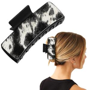 imageDEEKA Real Leather Large Western Hair Clips Cow Printed Cowhide Tooled 4quot Hair Claw Clips Gifts for Thick Hair Country Girls Cowgirl Stuff Western Hair Accessories Gift for Women and Girls BrownBlack Cowhide