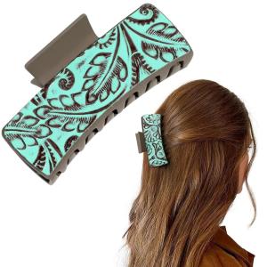 imageDEEKA Real Leather Large Western Hair Clips Cow Printed Cowhide Tooled 4quot Hair Claw Clips Gifts for Thick Hair Country Girls Cowgirl Stuff Western Hair Accessories Gift for Women and Girls BrownGreen Embossed