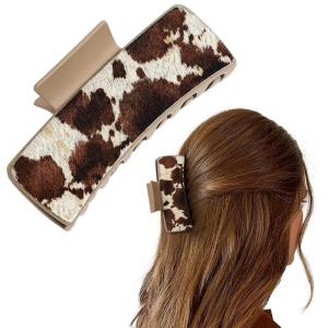 imageDEEKA Real Leather Large Western Hair Clips Cow Printed Cowhide Tooled 4quot Hair Claw Clips Gifts for Thick Hair Country Girls Cowgirl Stuff Western Hair Accessories Gift for Women and Girls BrownBlackBrown Cowhide