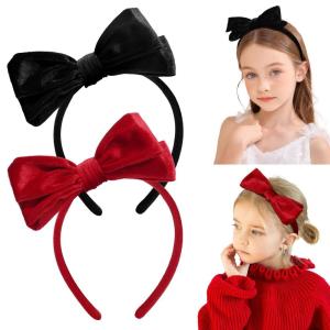 imageDEEKA Velvet Bow Headband 2 PCS Hair Band Hair Bows with bow Velvet Christmas Hair Accessories for Toddlers Women and Girls GreenRedBlack Red