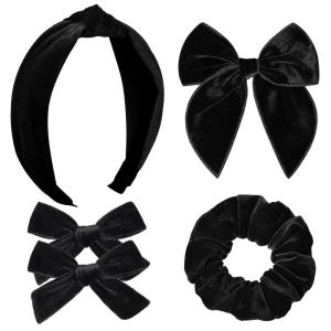 imageDEEKA Velvet Hair Bows ampamp Knotted Headband ampamp Scrunchy Fable Hair Bow Headband Set Velvet Scrunchies Alligator Clips for Toddler Girls ampamp Women BlackBlack