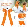 imageDEEKA 12 PCS Glitter Collegiate Style Cheer Bows Long Tail Full Rhinestones Skinny Shiny Cheer Bow Ponytail Holder Handmade Bows for Girls Teens Cheerleader Sports TealOrange