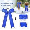 imageDEEKA 12 PCS Glitter Collegiate Style Cheer Bows Long Tail Full Rhinestones Skinny Shiny Cheer Bow Ponytail Holder Handmade Bows for Girls Teens Cheerleader Sports TealRoyal Blue