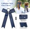 imageDEEKA 12 PCS Glitter Collegiate Style Cheer Bows Long Tail Full Rhinestones Skinny Shiny Cheer Bow Ponytail Holder Handmade Bows for Girls Teens Cheerleader Sports TealNavy Blue
