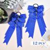 imageDEEKA 12 PCS Glitter Collegiate Style Cheer Bows Long Tail Full Rhinestones Skinny Shiny Cheer Bow Ponytail Holder Handmade Bows for Girls Teens Cheerleader Sports TealRoyal Blue