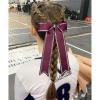 imageDEEKA Long Tail Rhinestones Cheer Bows 12 PCS Collegiate Style Cheer Bows Full Rhinestone Skinny Cheer Bow Ponytail Holder Handmade Bows for Girls Teens Cheerleader Sports WhiteMaroon