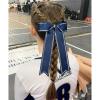 imageDEEKA Long Tail Rhinestones Cheer Bows 12 PCS Collegiate Style Cheer Bows Full Rhinestone Skinny Cheer Bow Ponytail Holder Handmade Bows for Girls Teens Cheerleader Sports WhiteNavy Blue