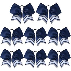 imageDEEKA 10 PCS 8quot Rhinestones Large Cheer Hair Bows Glitter Cheer Ponytail Holder Handmade for Teen Girls Softball Cheerleader Sports Hot PinkNavySilverWhitePack of 8
