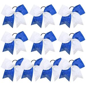 imageDEEKA 10 PCS 8quot Rhinestones Large Cheer Hair Bows Glitter Cheer Ponytail Holder Handmade for Teen Girls Softball Cheerleader Sports Hot PinkRoyal BlueWhitePack of 10
